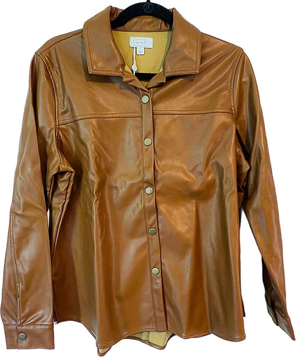 Mud Pie Salem Faux Vegan Leather Snap-Front Lined Women's Shirt Brown Small NWT